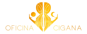 Logo Oficina Cigana - Duas mulheres espelhadas na cor e ouro com o nome da marca