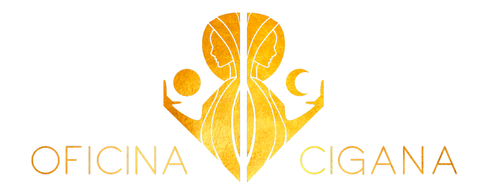 Logo Oficina Cigana - Duas mulheres espelhadas na cor e ouro com o nome da marca